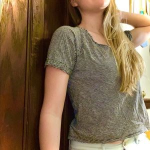 Tahari Navy and White Striped High-Low Crop Top